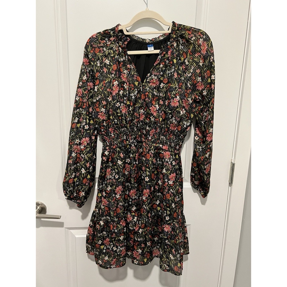 Old Navy Smocked Waist Gold Shine Floral Long Sleeve Ruffled Mini Dress Small